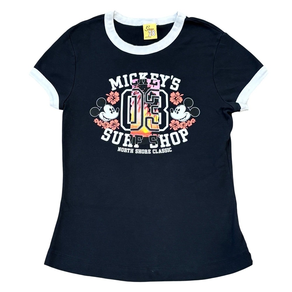 Disney Stage 28 Y2K Vintage Mickey Mouse Surf Shop Ringer Tee Girls Size M Black